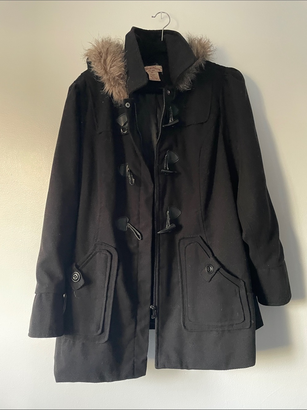 Paris Blues Black Hooded Toggle Coat with Faux Fur Trim Size 2x